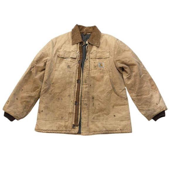 Carhartt Torn Faded Ripped Insulated Work Jacket Canvas Heavy-Duty Outerwear - Picture 4 of 13